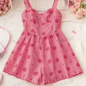 Pink Floral Gingham Romper with Sweetheart Neckline